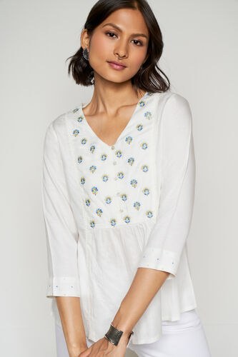 White Solid Embroidered Fit And Flare Top, White, image 5